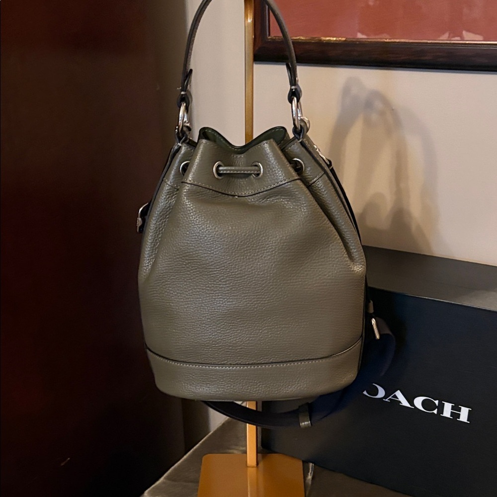 Coach Dempsey Olive Pebbled Leather Drawstring Bucket BagF2132-C4100 - Picture 7 of 14